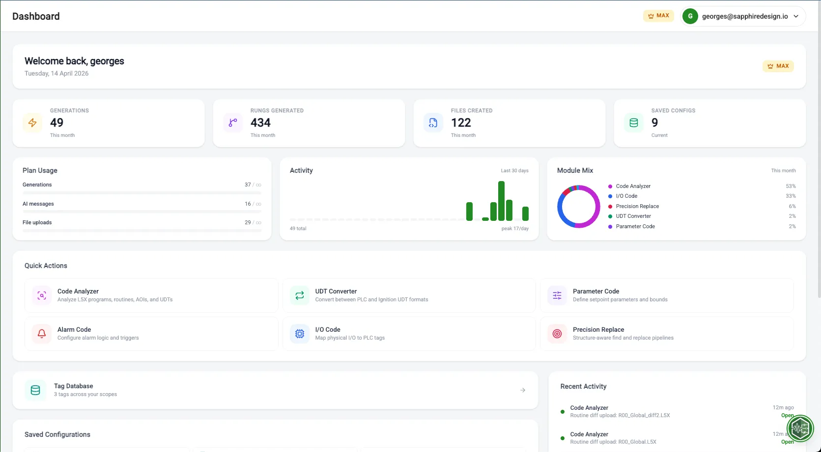 PLCflow dashboard showing the full suite of PLC code tools