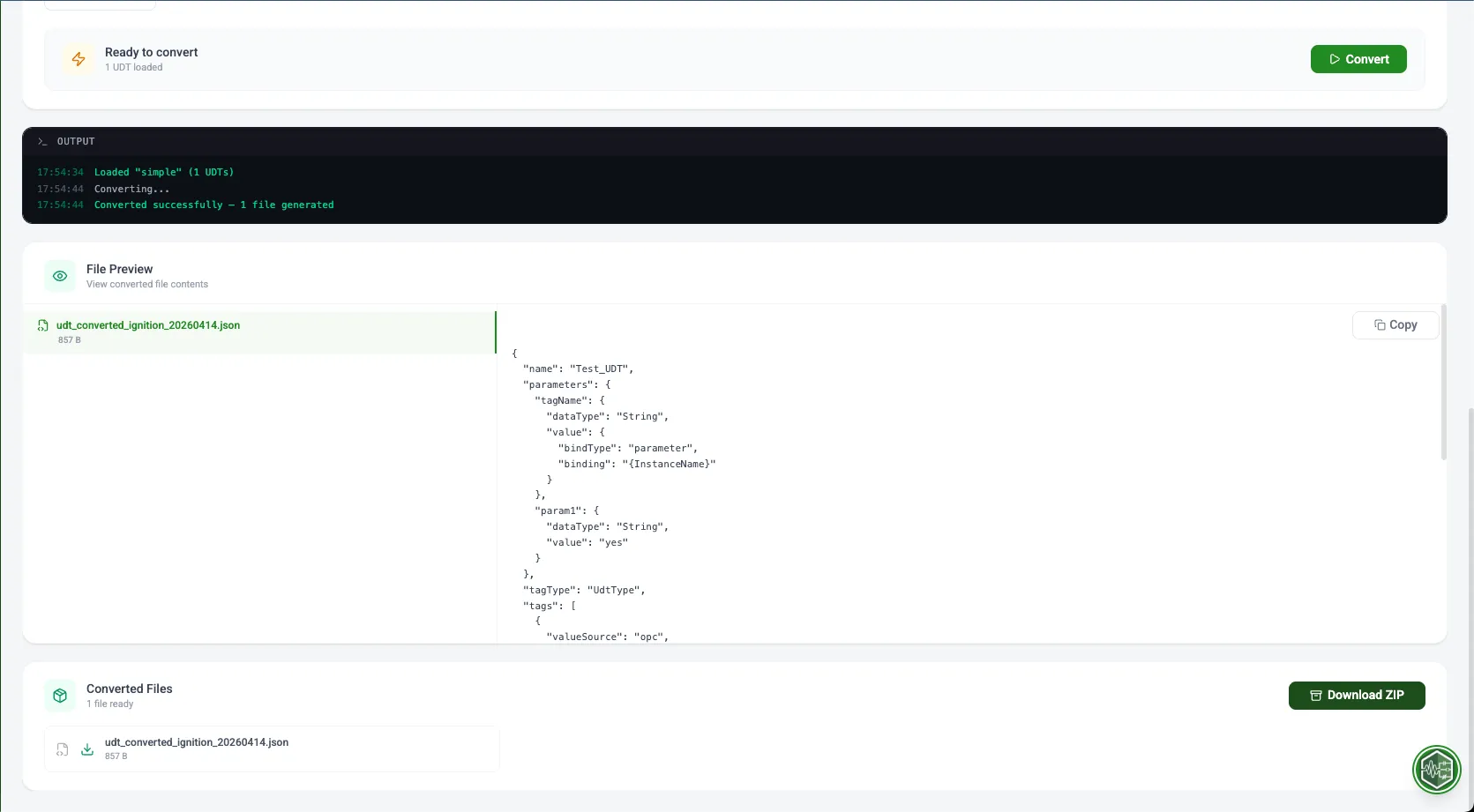 UDT Converter generated output view