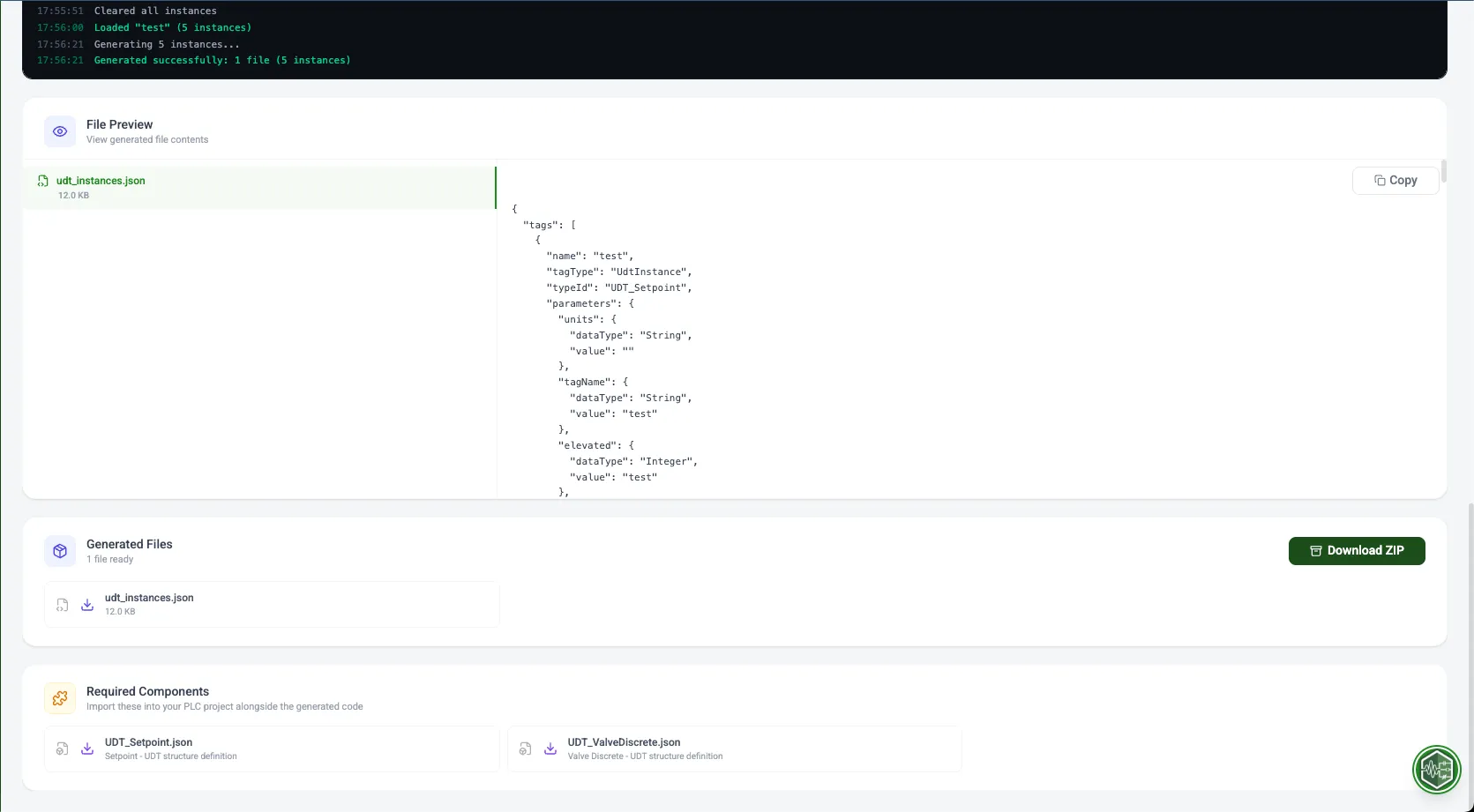 PLCflow UDT Generator output with converted UDT definitions ready for download