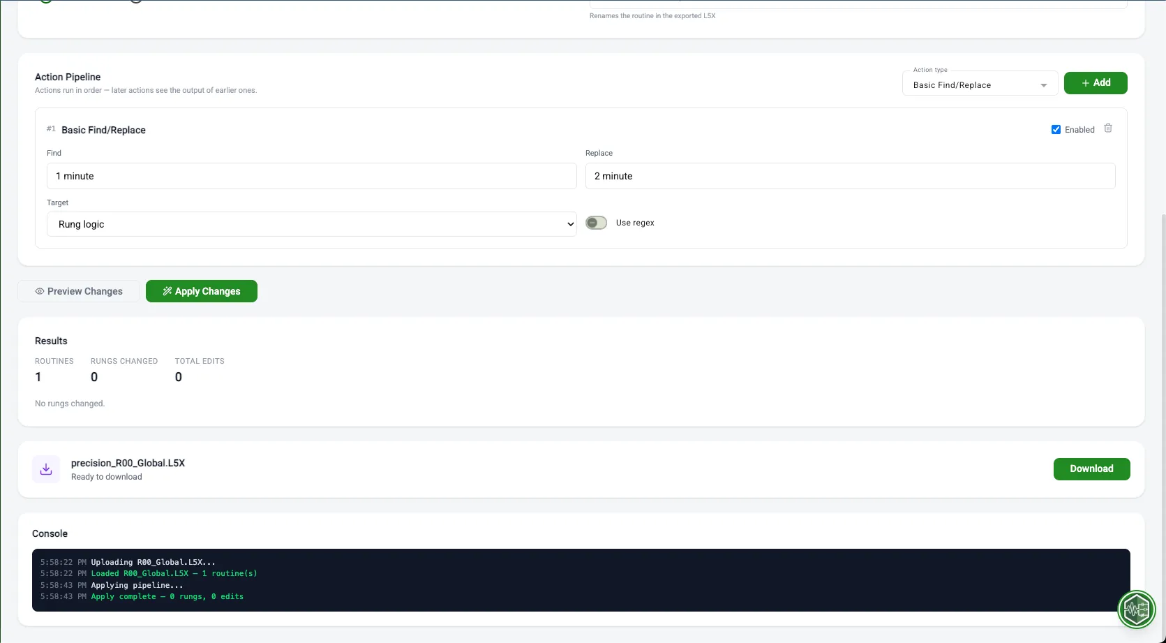 Precision Replace generated output view