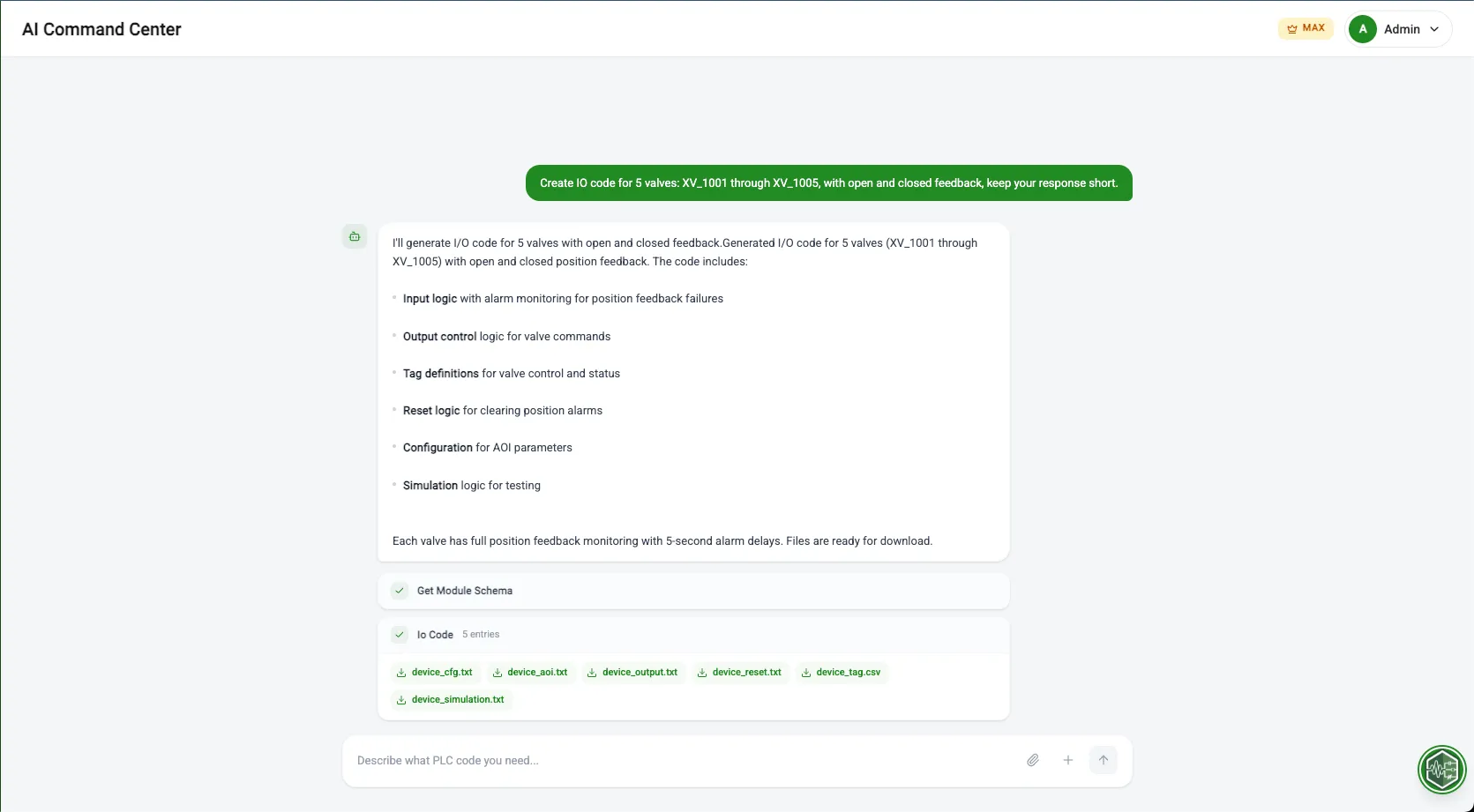 AI Command Center orchestrating PLCflow modules from a natural-language prompt