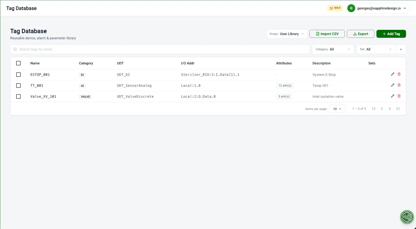 Tag Database interface with data loaded