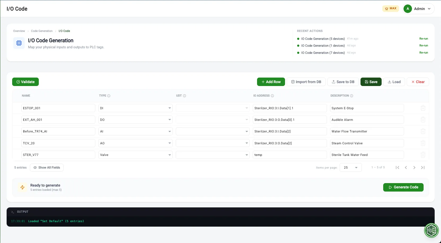 I/O Code interface with data loaded