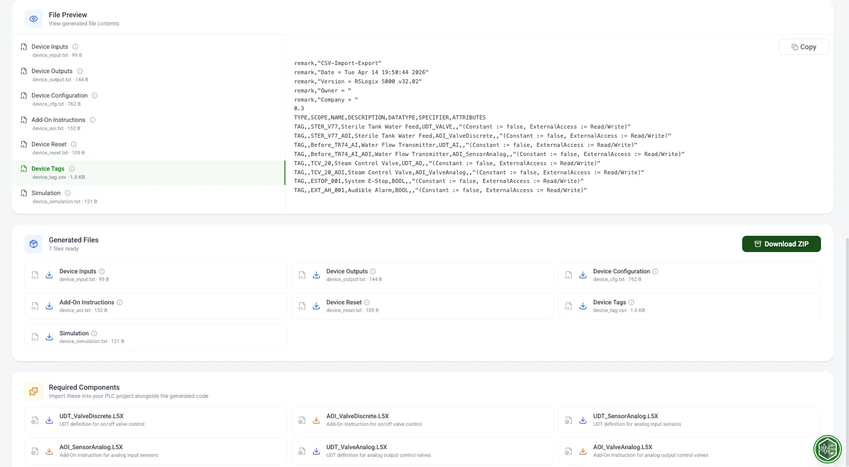 I/O Code generated output view