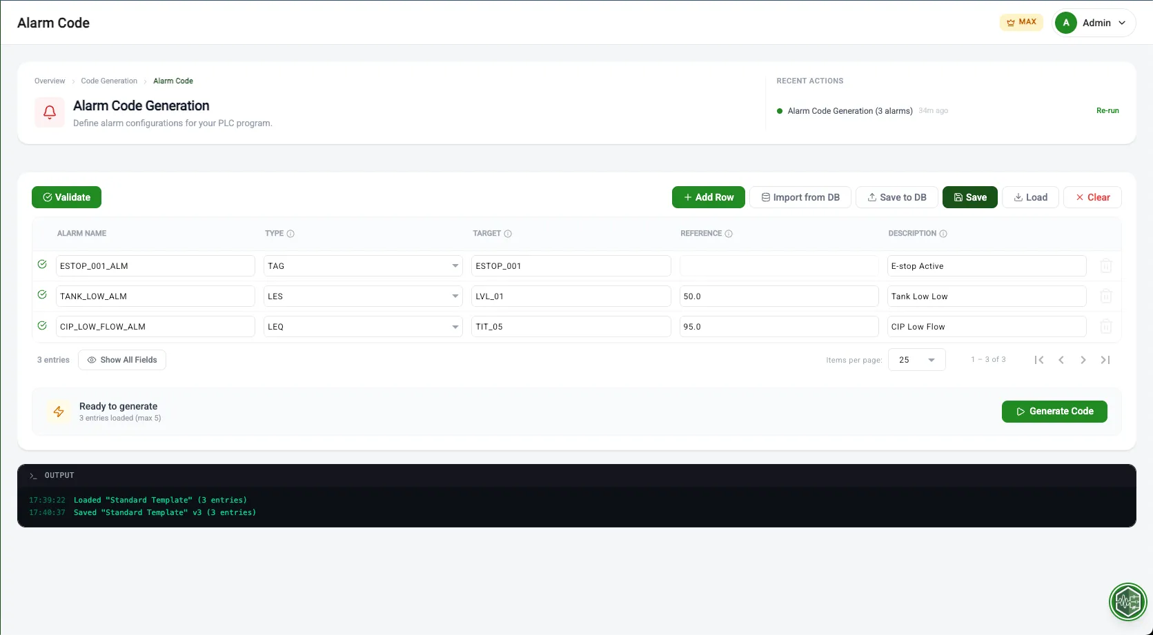 Alarm Code interface with data loaded