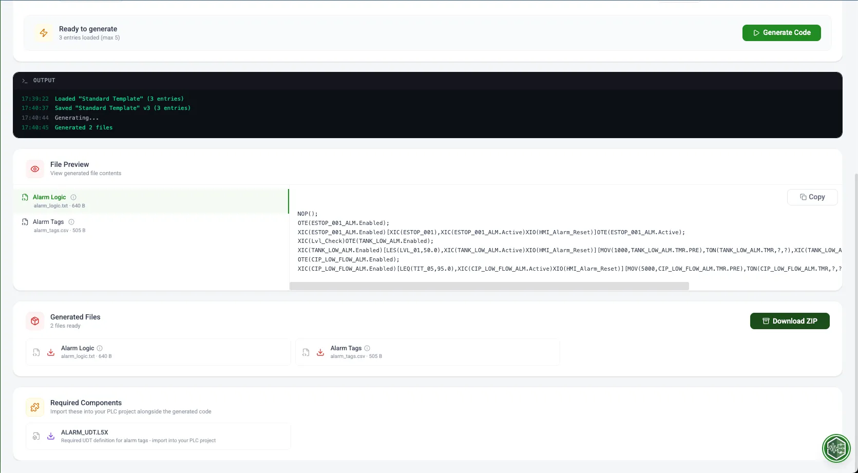 Alarm Code generated output view