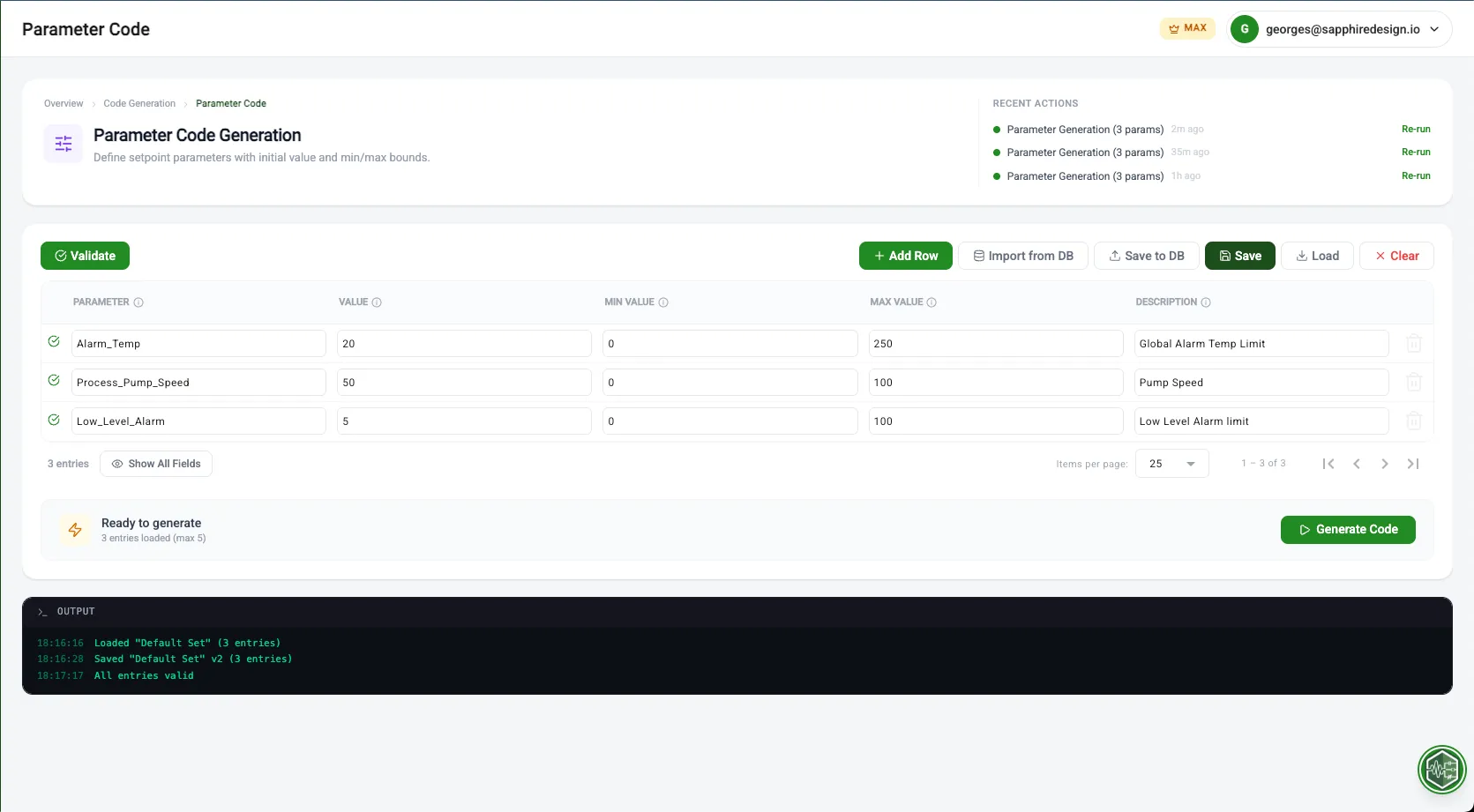 Parameter Code interface with data loaded