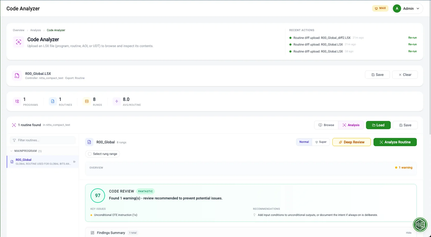 Code Analyzer interface with data loaded