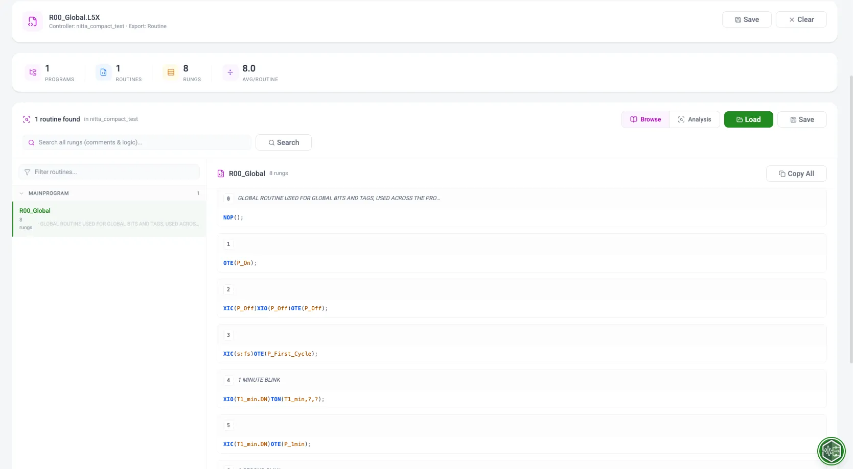 PLCflow Code Analyzer after parsing an uploaded L5X program