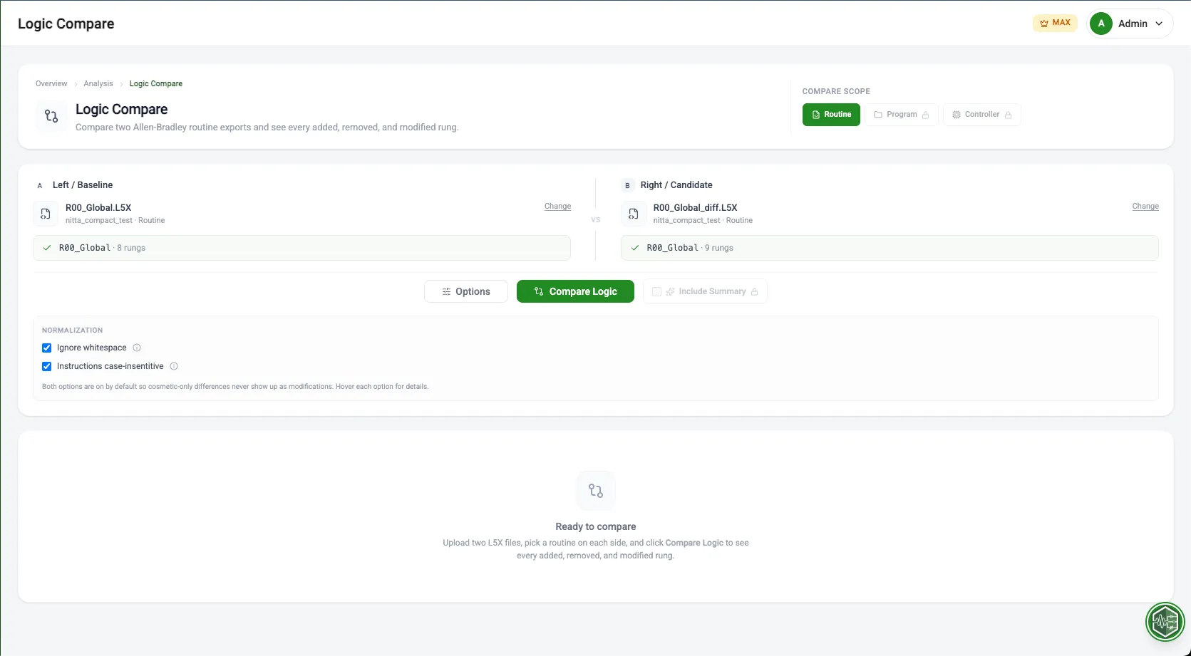 Logic Compare interface with data loaded